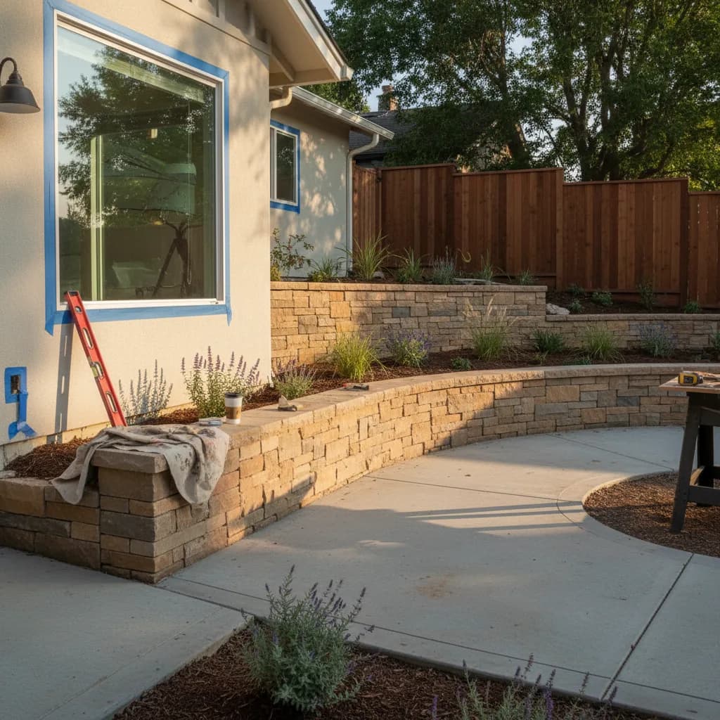 A newly completed segmental block retaining wall in a Sacramento backyard, featuring a gentle curve and integrated landscape lighting.