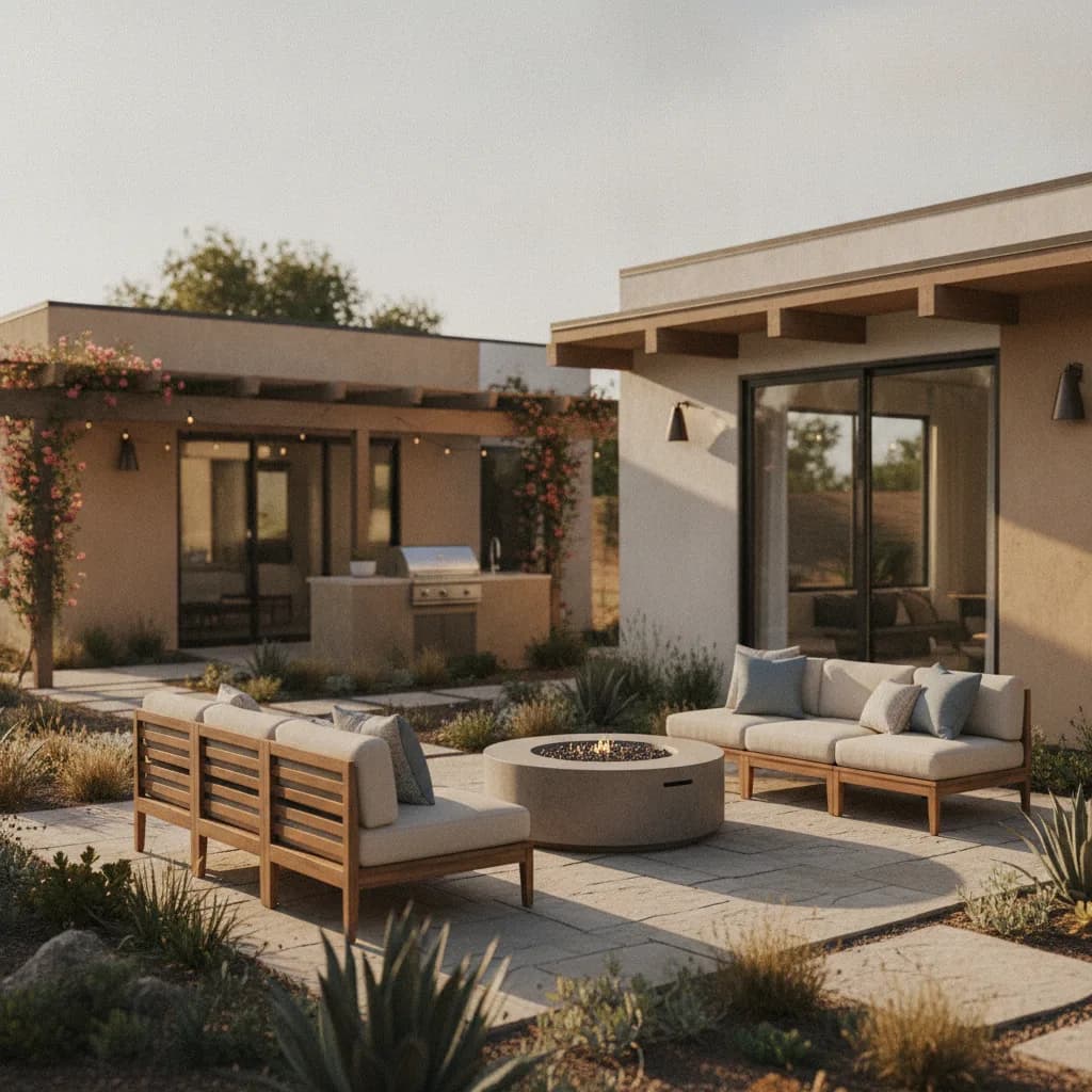 A modern California outdoor living space with a patio, fire pit, comfortable seating, and an outdoor kitchen, surrounded by d