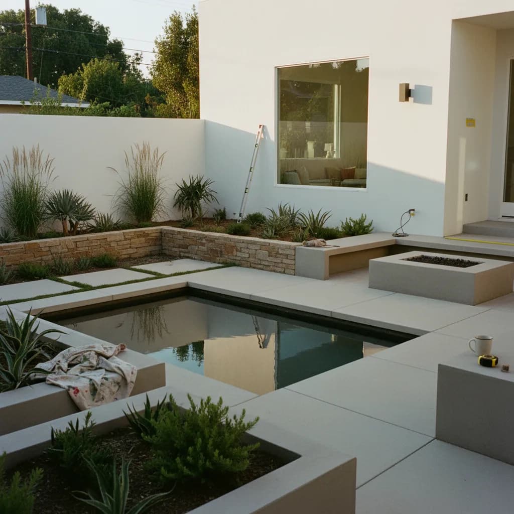 A modern Los Angeles backyard featuring a rectangular swimming pool, a concrete paver patio with outdoor furniture, and drought-tolerant landscaping with olive trees under a clear blue sky.