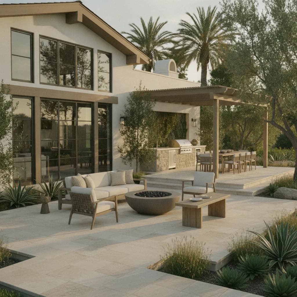 A luxurious California outdoor living space with a patio, modern seating around a fire pit, an outdoor kitchen, dining area u
