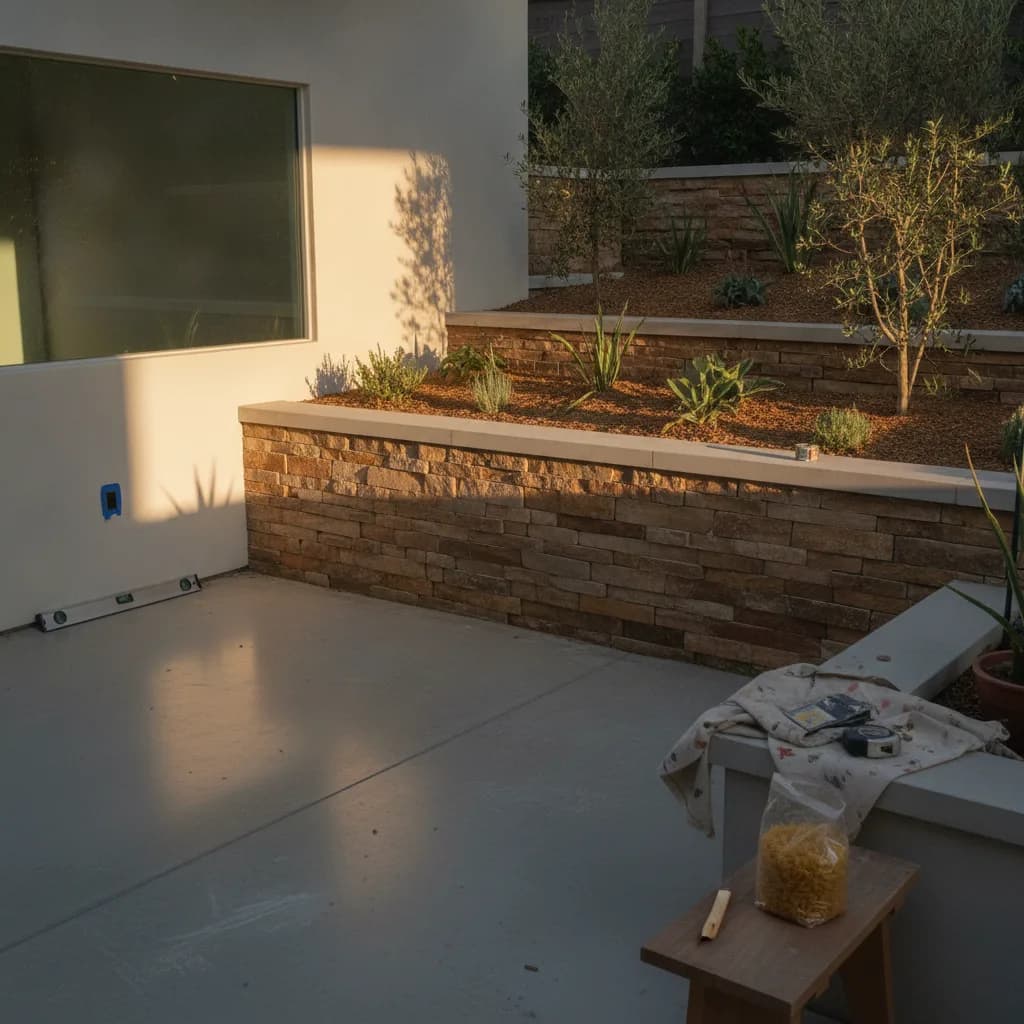 A newly completed tiered retaining wall in a Newport Beach backyard, built with gray concrete blocks and featuring integrated landscape lighting.