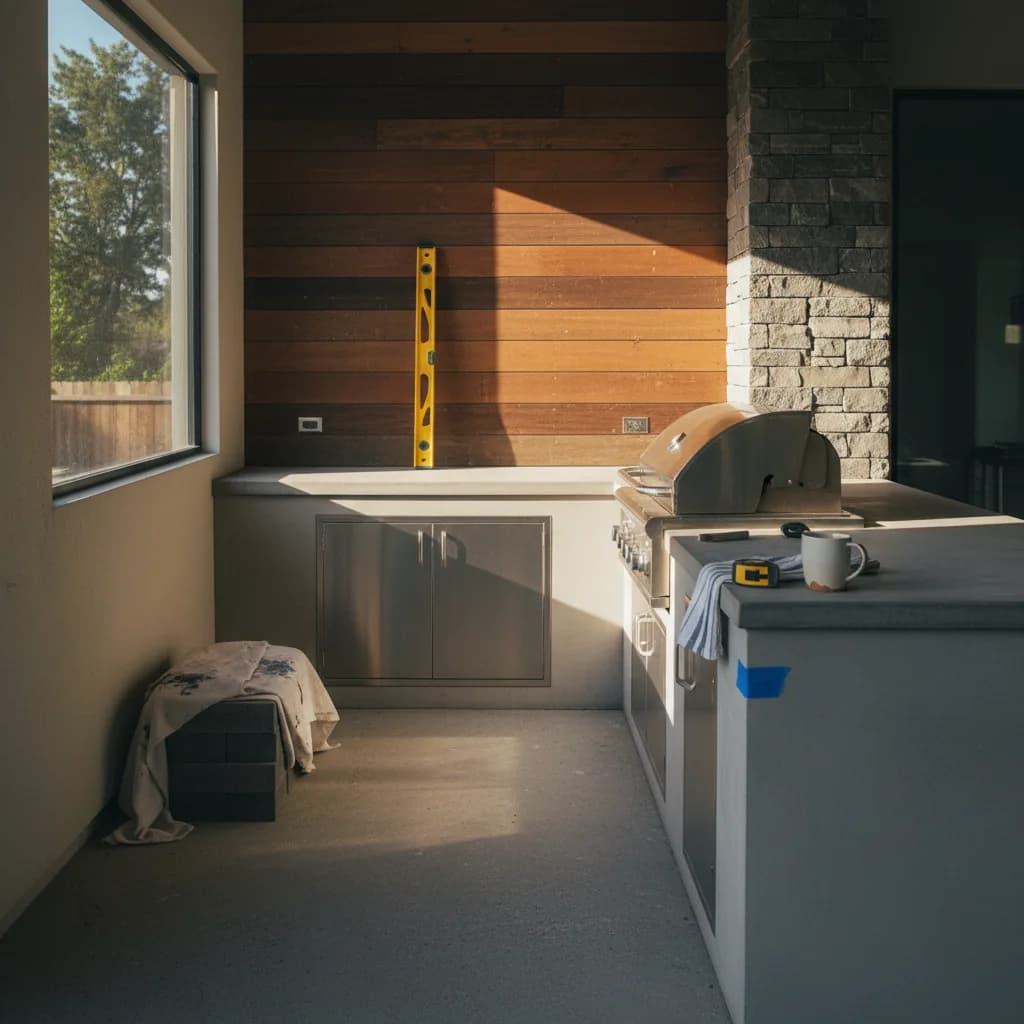 A modern outdoor kitchen in an Oakland backyard, featuring a built-in stainless steel grill, concrete countertops, and bar seating under a wooden pergola.