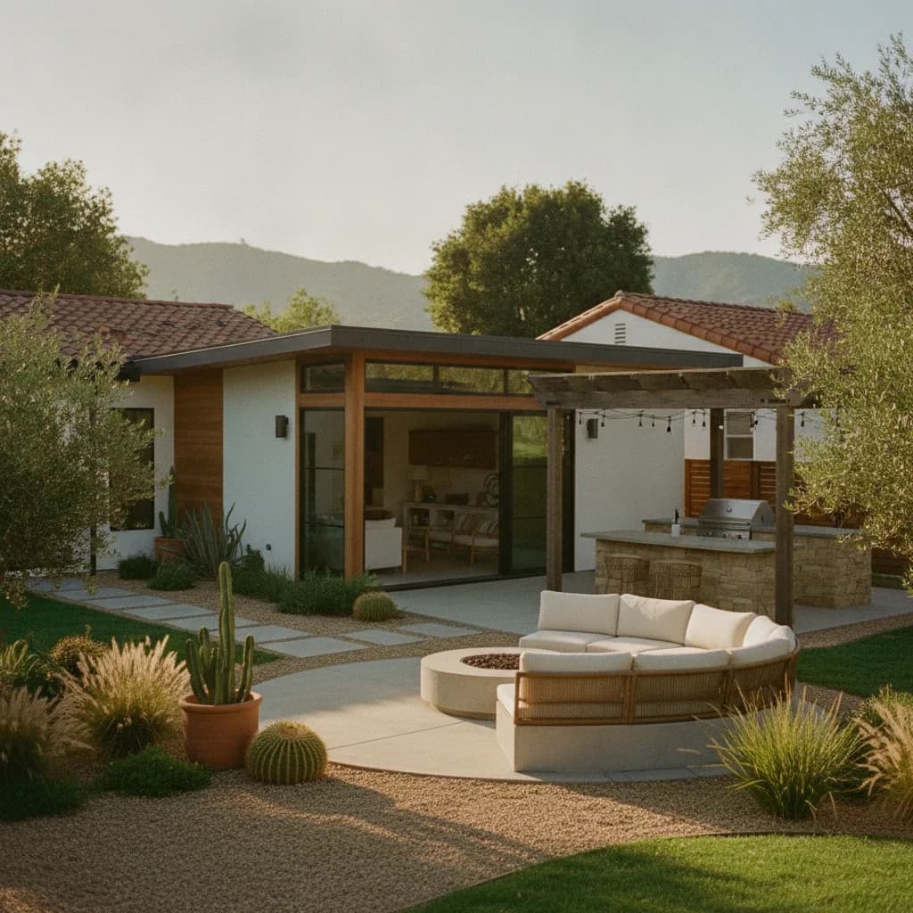 A modern ADU and a landscaped California backyard with an outdoor kitchen, fire pit, curved sofa, and drought-tolerant plants