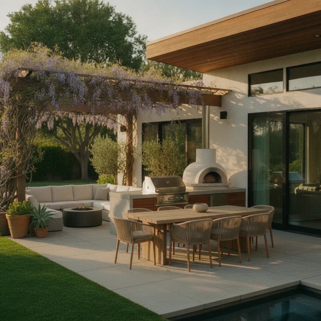 Modern California outdoor living space with a built-in kitchen (grill, pizza oven), dining area, lounge, and wisteria pergola