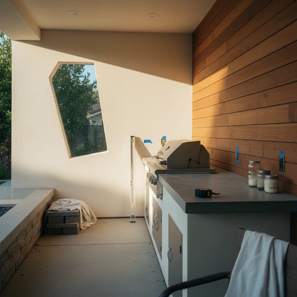 A luxurious outdoor kitchen in a Newport Beach home at dusk, featuring stainless steel appliances, stone countertops, and integrated lighting under a modern pergola.