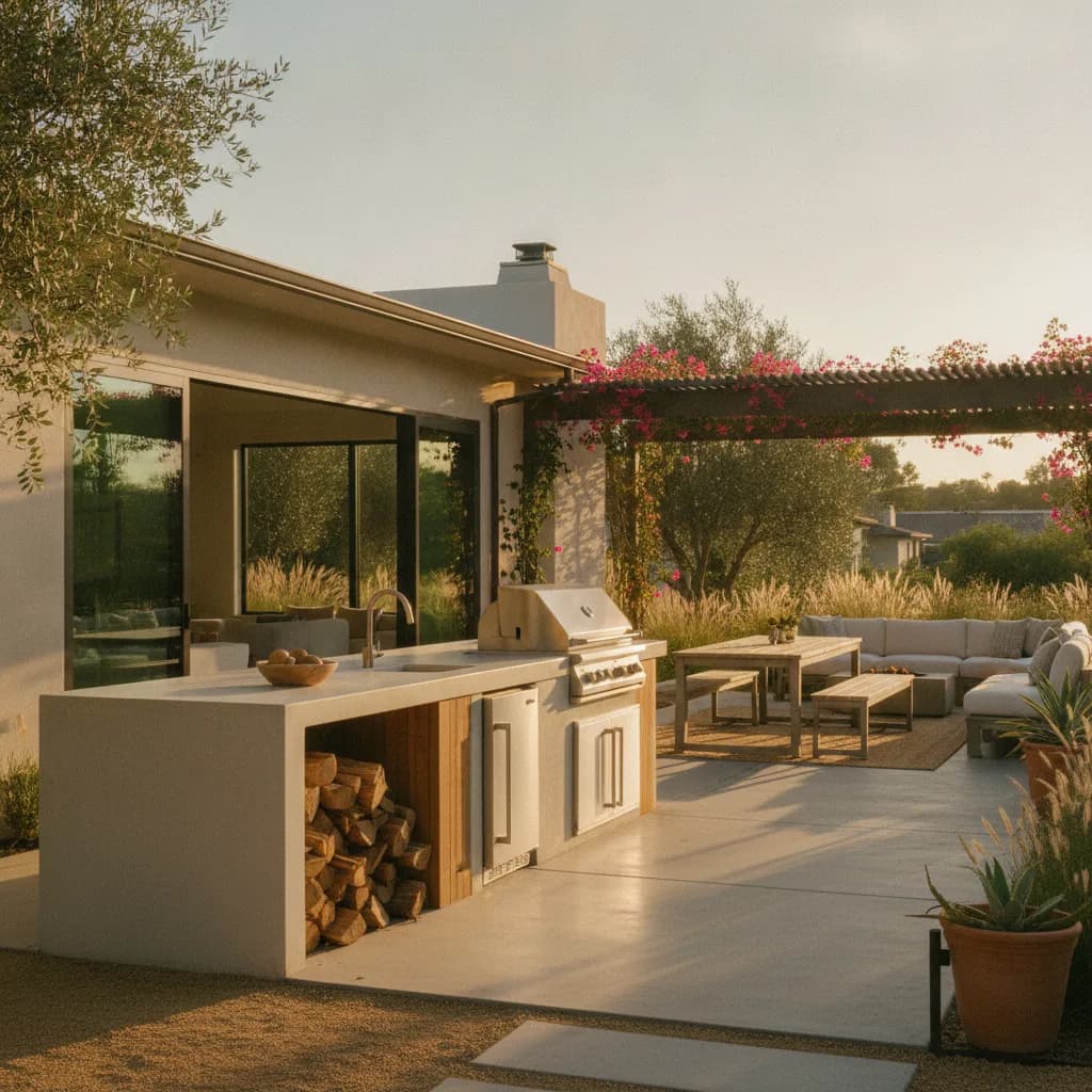 Modern outdoor kitchen with grill, sink, and wood storage, next to a dining area and lounge under a bougainvillea-covered per