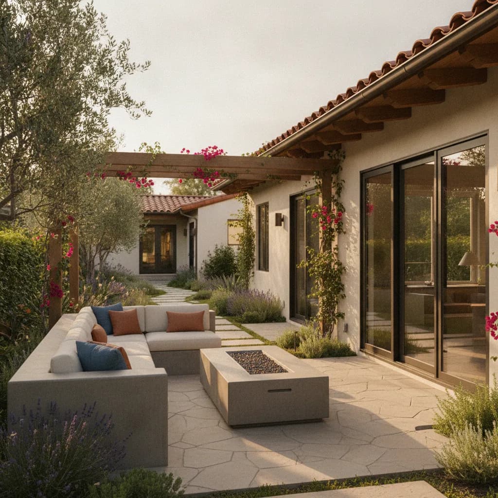 A beautifully landscaped California outdoor living space with a modern concrete sectional sofa, fire pit, and stepping stone