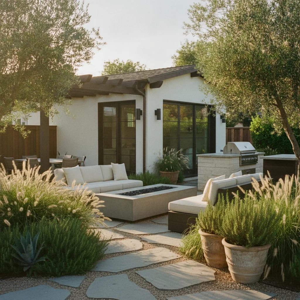 A beautifully landscaped California outdoor living space with a modern fire pit, comfortable seating, an outdoor kitchen, and