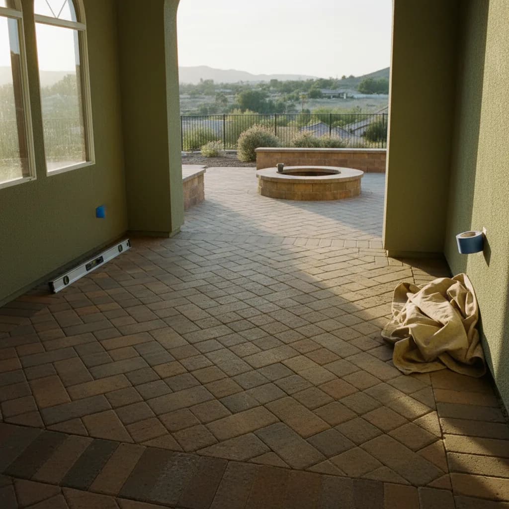 A newly installed paver patio in a Riverside home's backyard, featuring a seating area and drought-tolerant landscaping under the California sun.