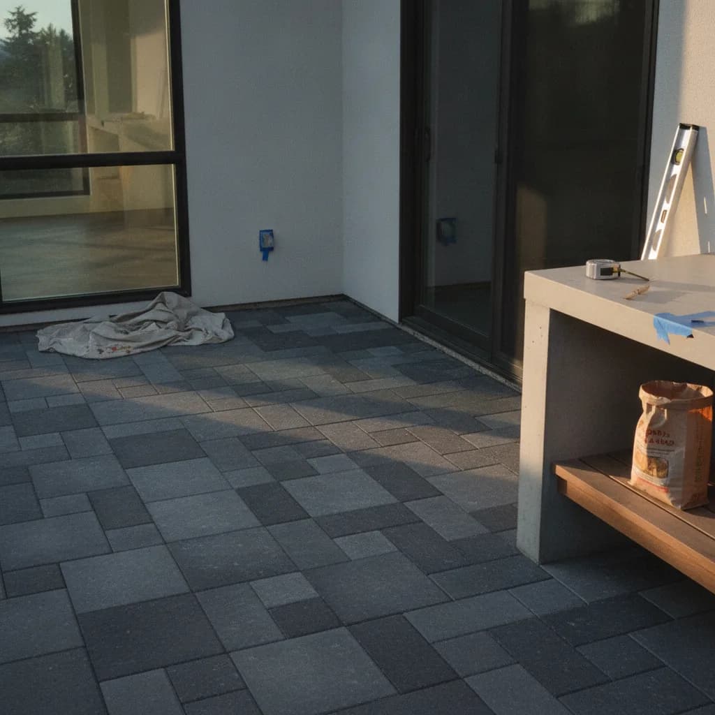 A beautifully finished paver patio in a Bellevue backyard, featuring modern furniture and surrounded by lush greenery under an overcast sky.