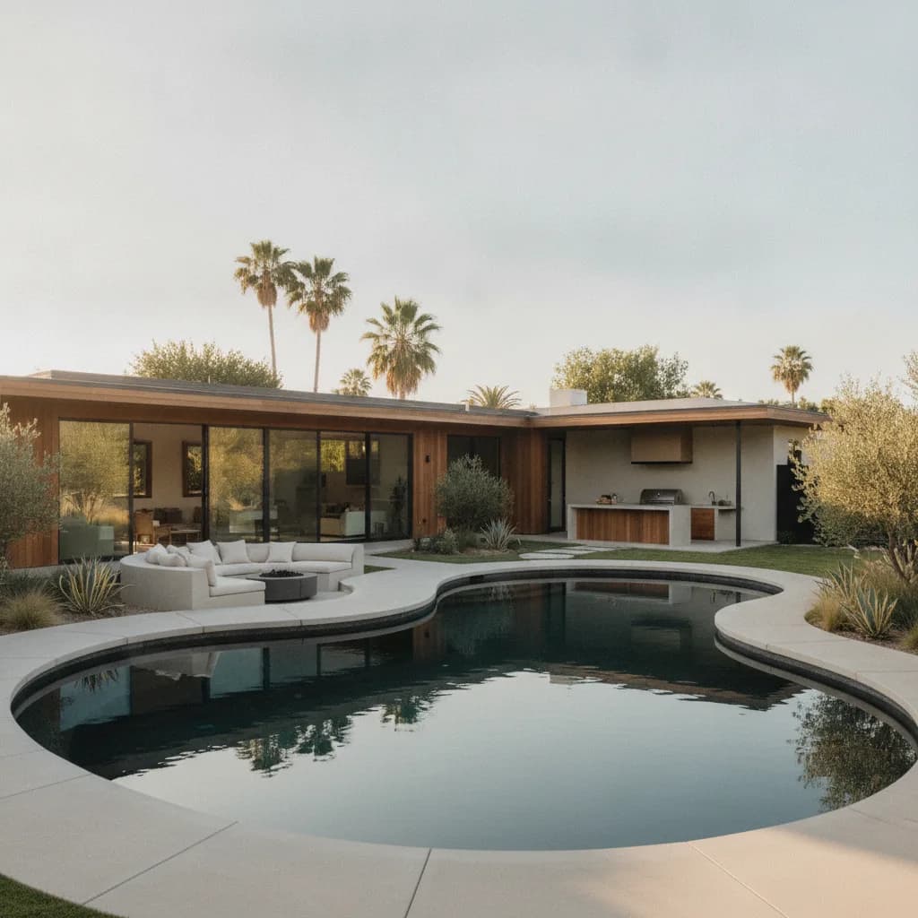 A modern California home with a dark, organically shaped pool, built-in curved seating with fire pit, and outdoor kitchen, su
