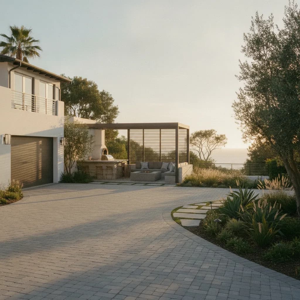 A modern California home with a large, newly paved driveway, an outdoor kitchen, pergola-covered patio with fire pit, and oce