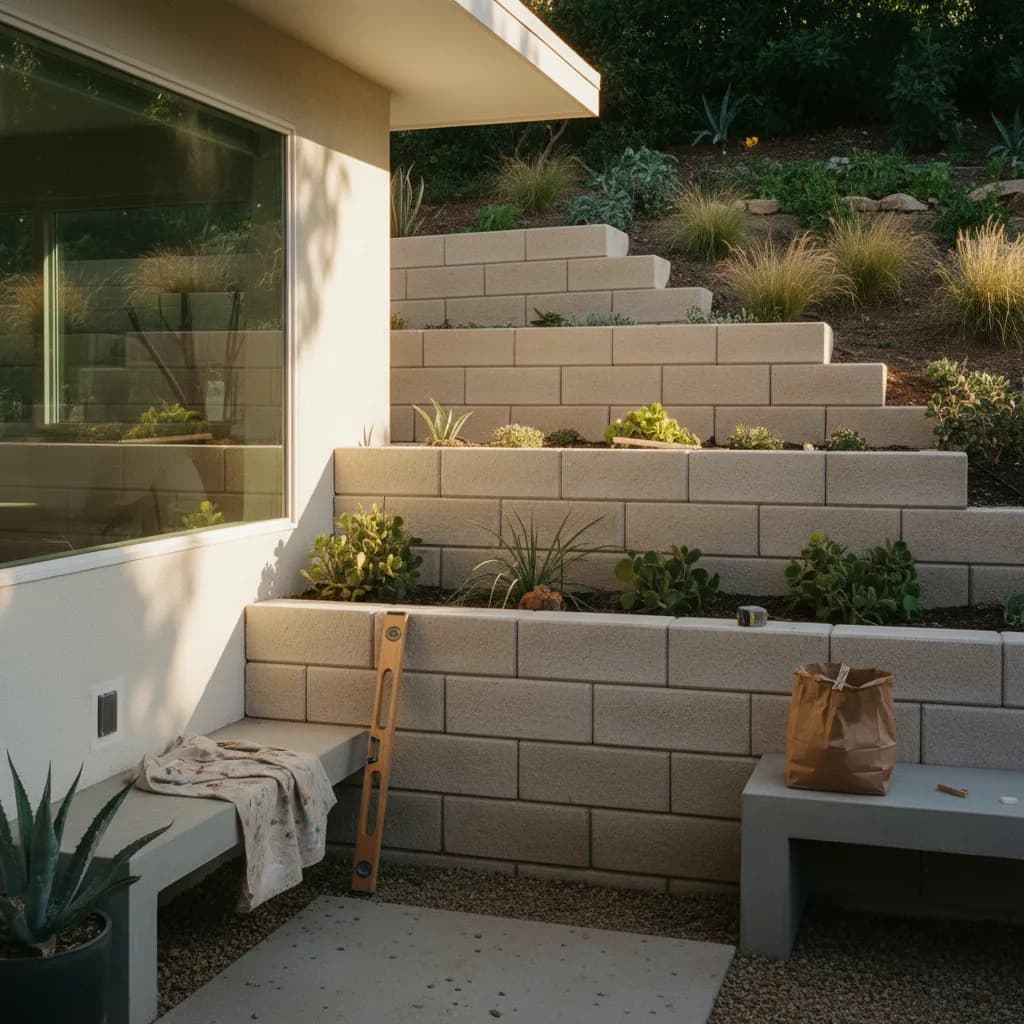 A newly constructed, tiered segmental block retaining wall with integrated steps and landscaping in a sunny Los Angeles backyard.