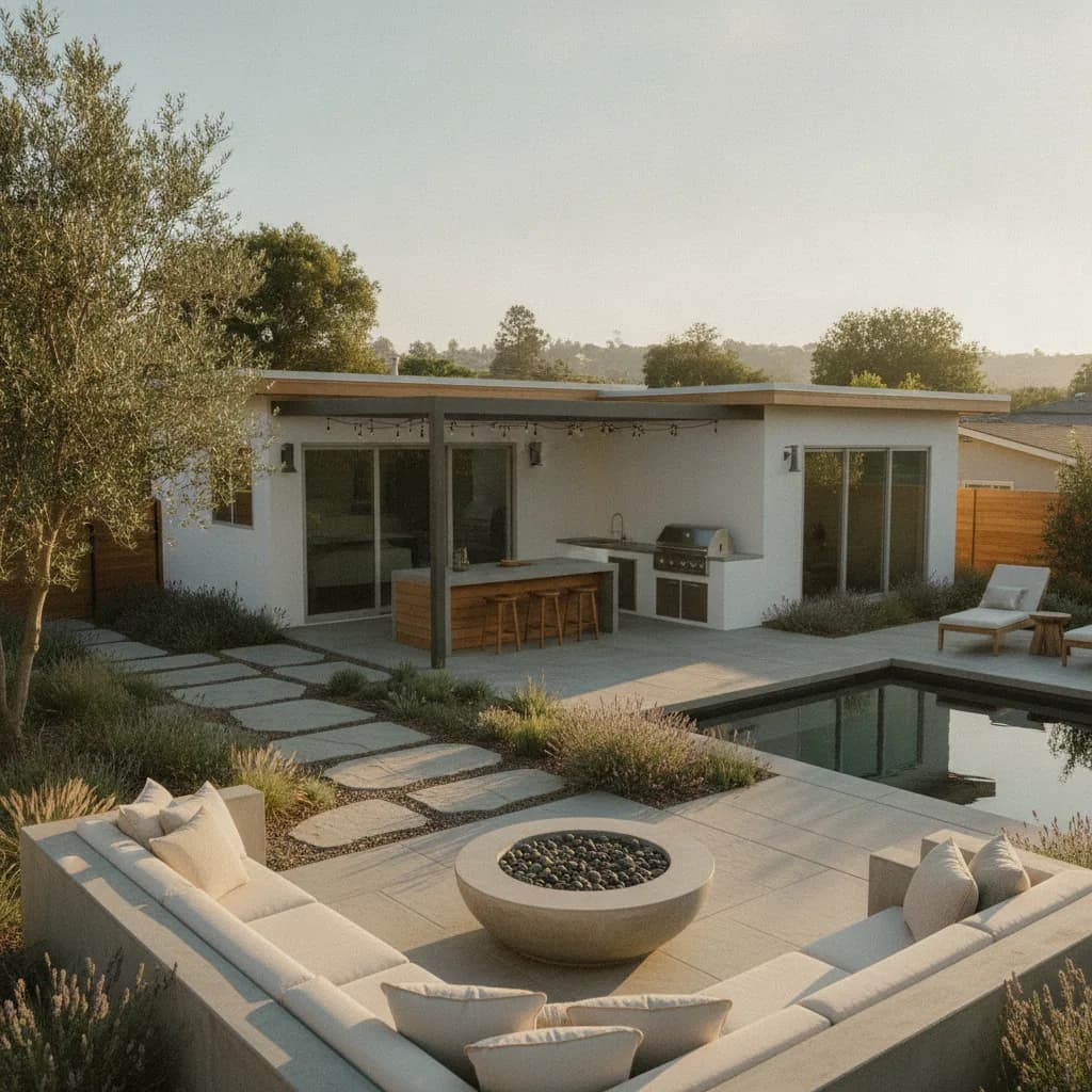 Modern California backyard with a white ADU-like structure featuring an outdoor kitchen, a pool, fire pit, and landscaped pat