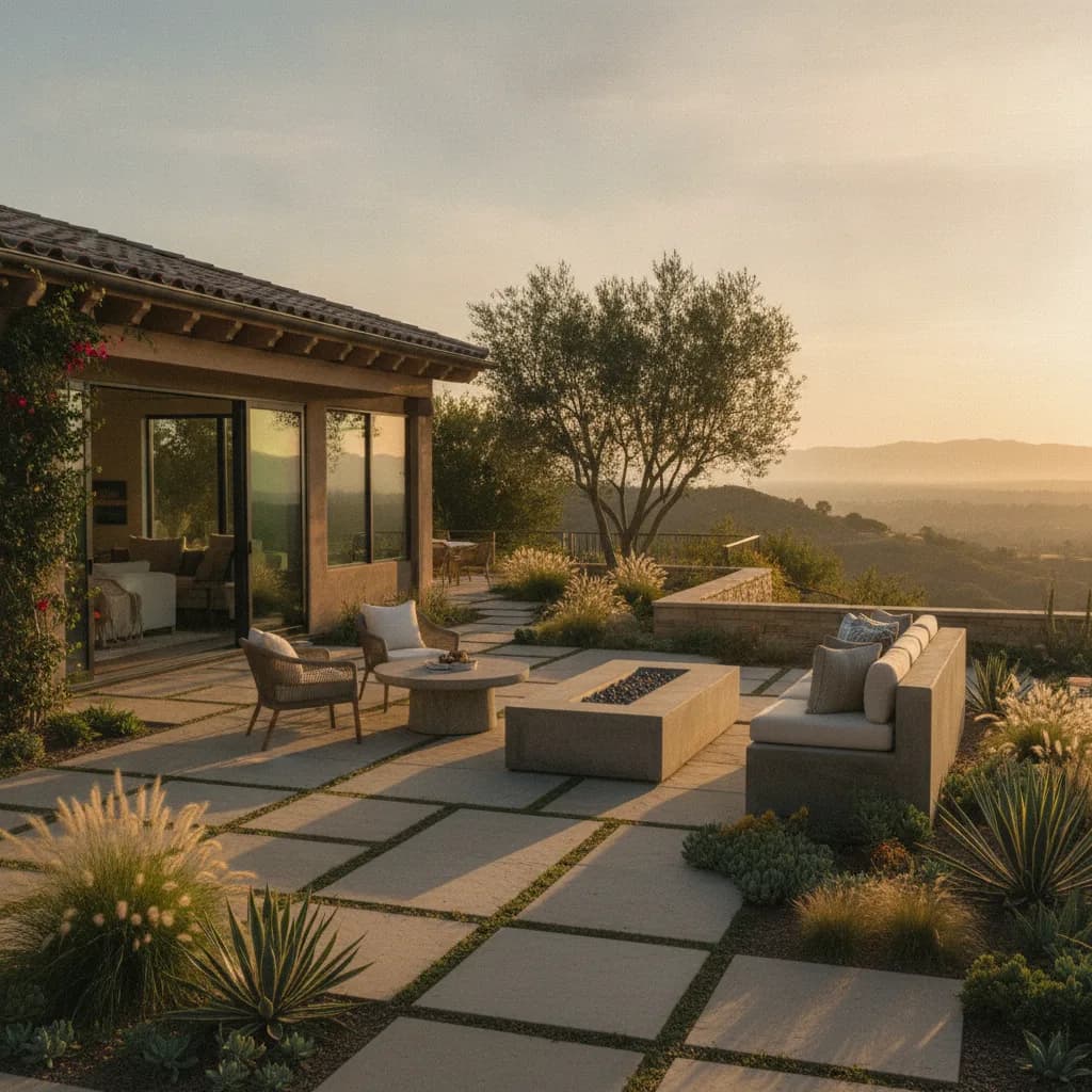 A luxurious California outdoor living space at sunset, featuring a patio with modern seating, a fire pit, and drought-toleran