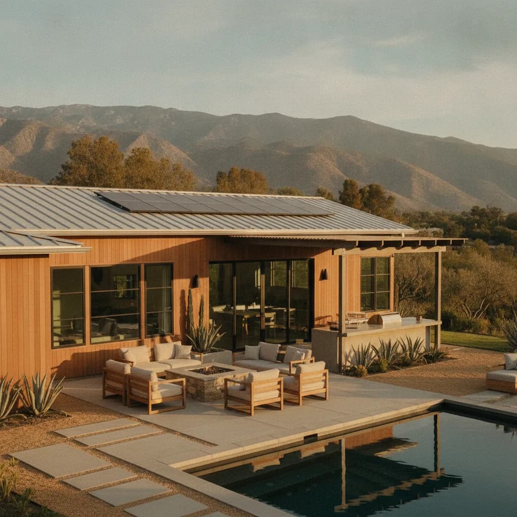 Modern California home, metal roof, solar panels. Outdoor living: pool, patio, fire pit, outdoor kitchen. Mountain backdrop.