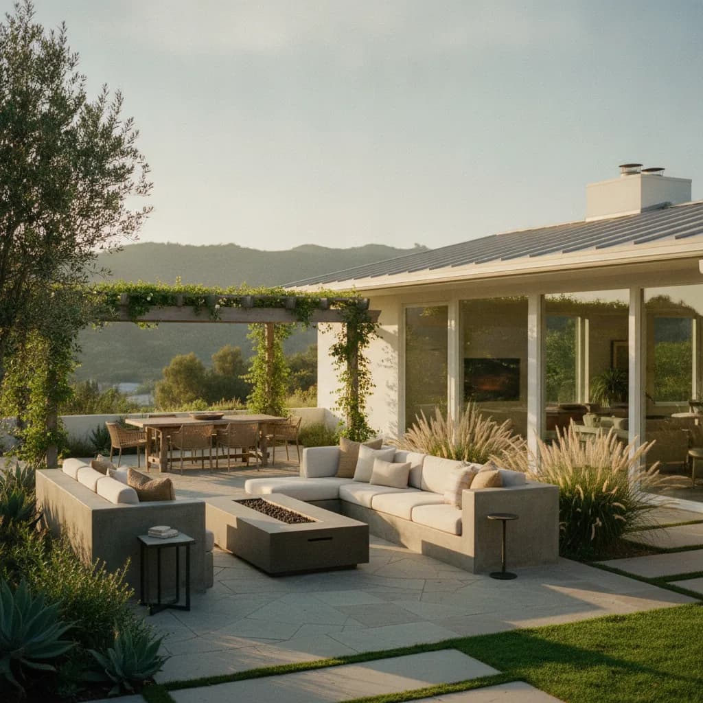 A modern California home's outdoor living space with a concrete sectional, fire pit, dining area under a pergola, and drought