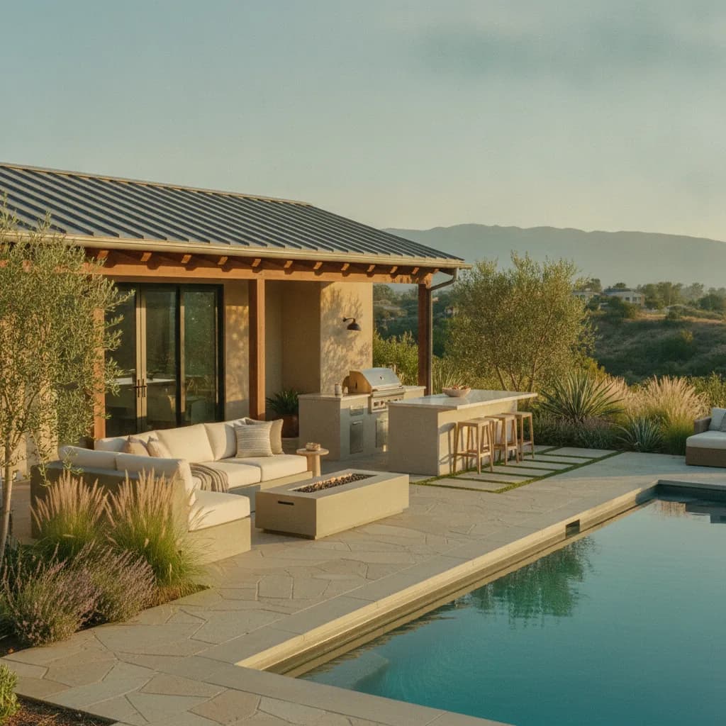 A luxurious California outdoor living space with a pool, patio, outdoor kitchen, lounge, fire pit, and a home with a metal ro