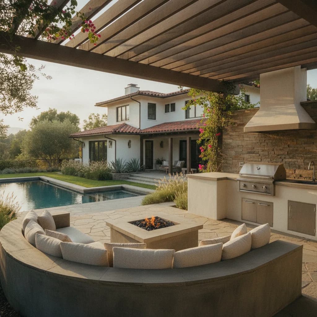 A stunning, finished California outdoor living space featuring a pergola, built-in fire pit seating, outdoor kitchen, pool, a