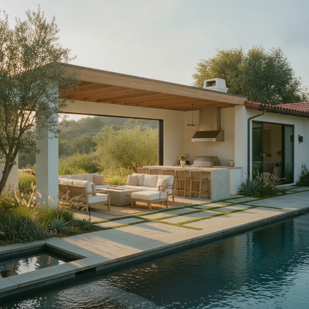A luxurious California outdoor living space with a covered patio, outdoor kitchen, lounge seating, and a swimming pool, surro