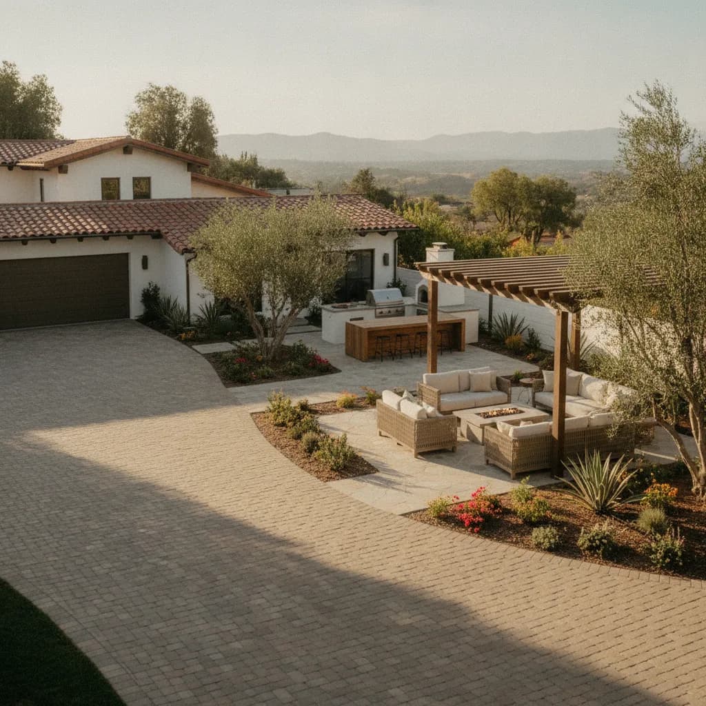 Stunning California home with a new paver driveway, expansive outdoor living area featuring a kitchen, pergola, and fire pit