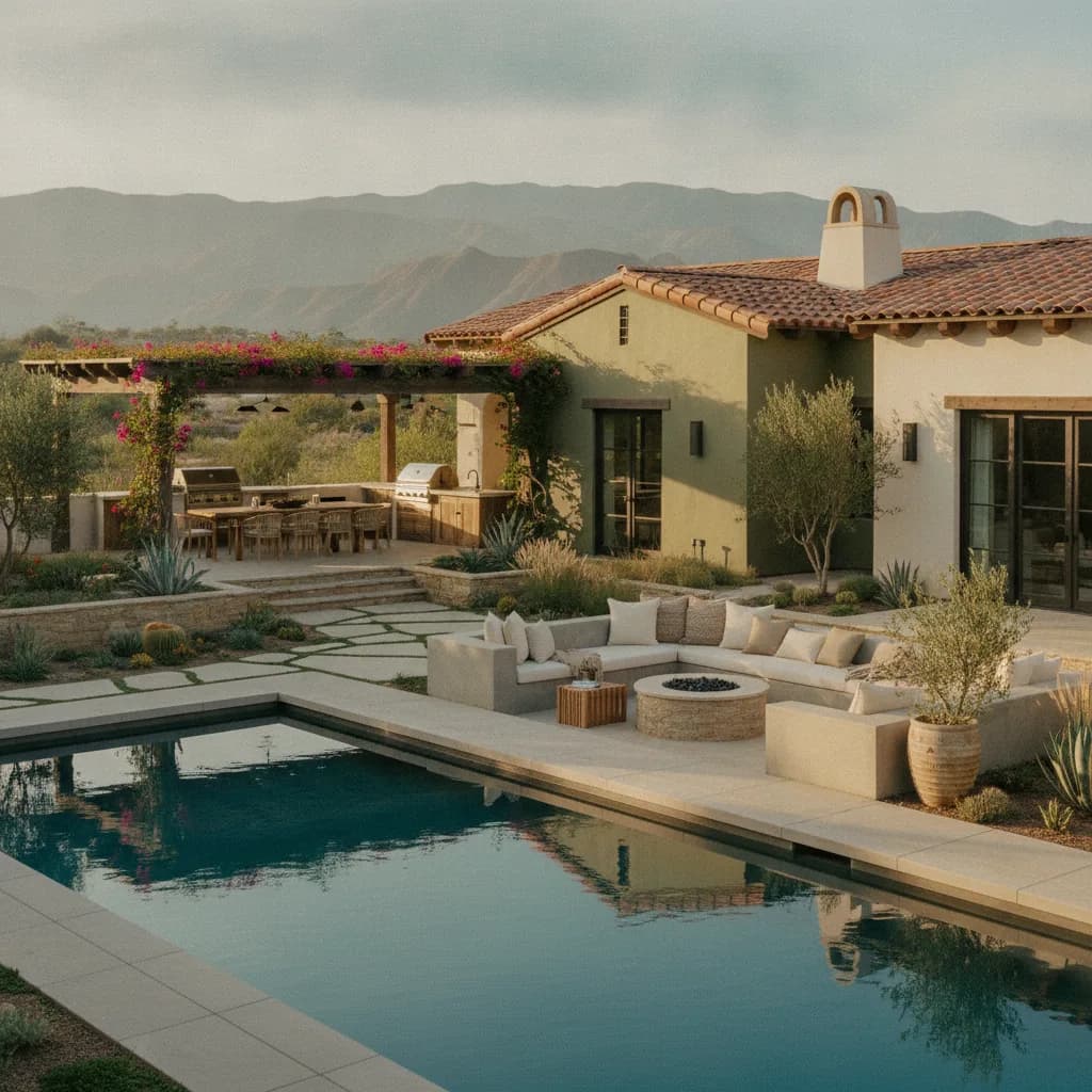 A luxurious California outdoor living space with a pool, fire pit lounge, outdoor kitchen, and dining area, set against mount