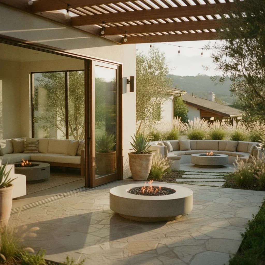 A beautifully landscaped California outdoor living space with flagstone patio, two fire pits, and a pergola.