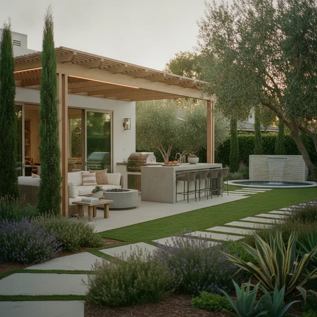 Elegant California outdoor living area featuring a pergola, outdoor kitchen, fire pit, water feature, and drought-tolerant la