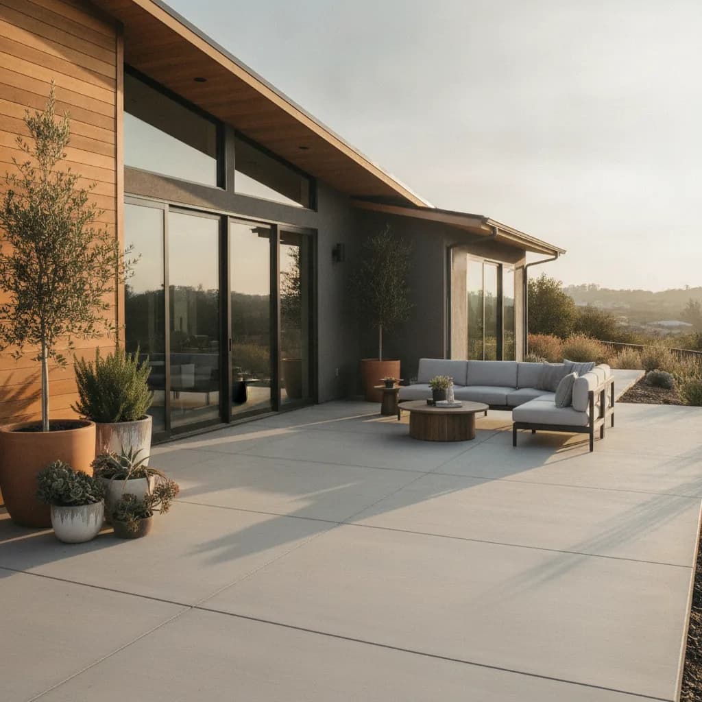 Modern home with wood siding and large glass doors opening to a spacious concrete patio with a grey sectional sofa, round cof