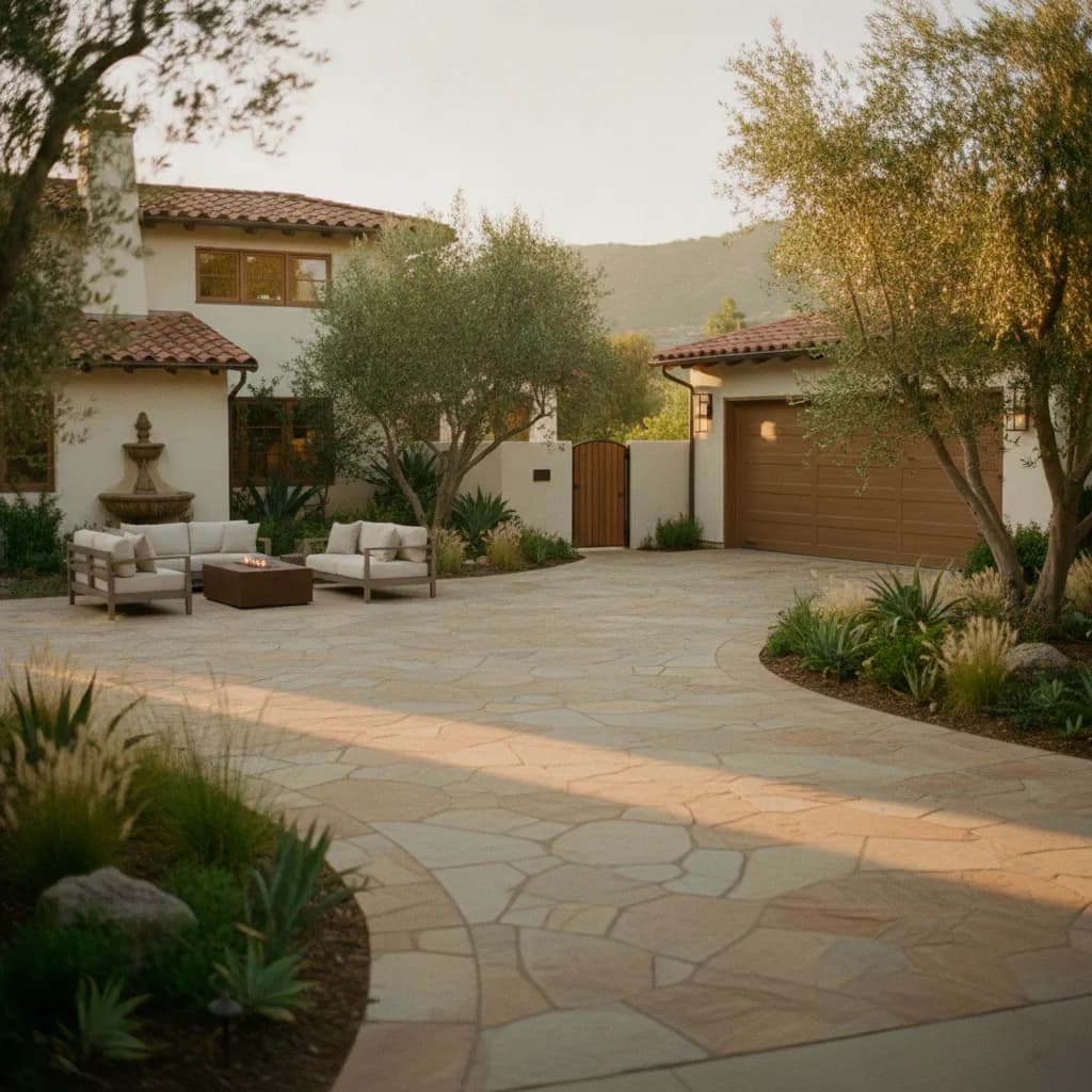 A beautiful California home with a new flagstone driveway, lush landscaping, and an outdoor living area with a fire pit and s