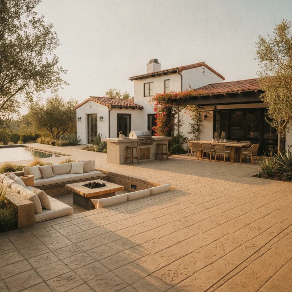 Magazine-ready California outdoor living space with a large stamped concrete patio, built-in fire pit, outdoor kitchen, dinin
