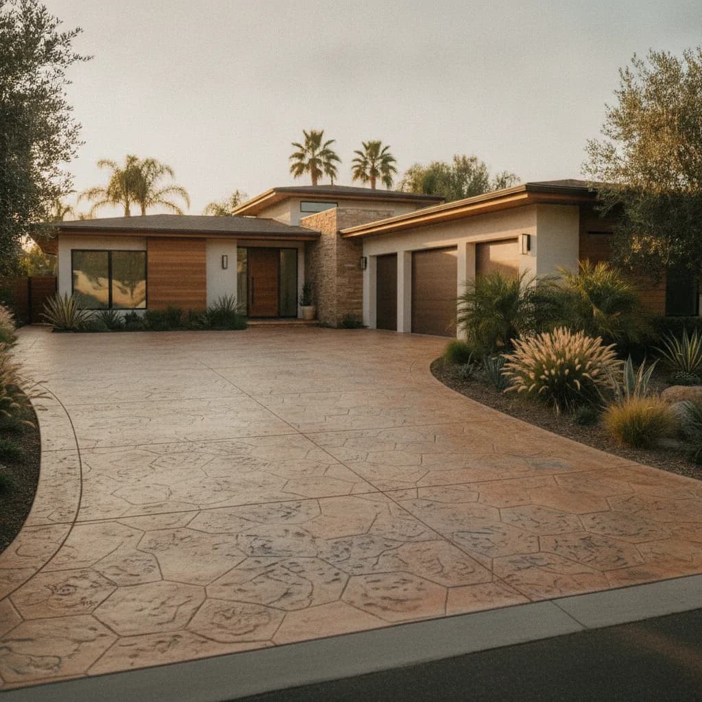 A modern California home with a large, beautifully landscaped stamped concrete driveway at golden hour, featuring palm trees.