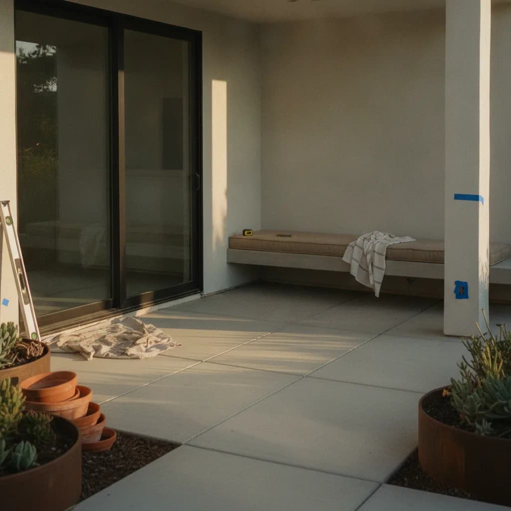 A newly installed modern concrete patio with clean lines in a Santa Monica backyard, featuring minimalist outdoor furniture under the California sun.