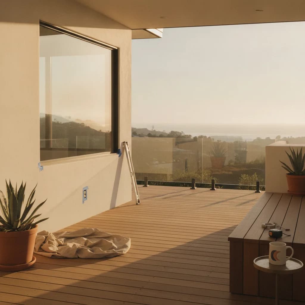 A beautiful modern multi-level composite deck with glass railings overlooking a canyon in a San Diego neighborhood at sunset.