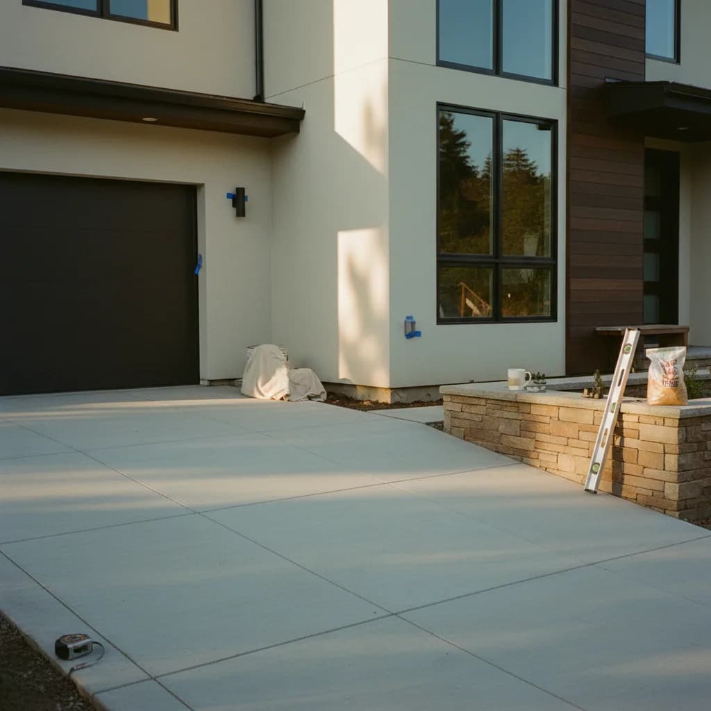 A newly installed paver driveway in a San Jose neighborhood, with clean lines and a modern finish, leading to a residential home.