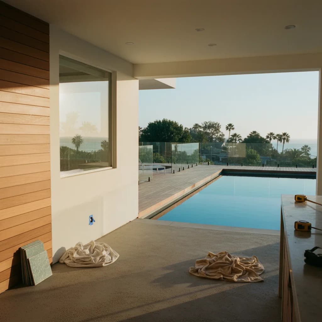 A modern rectangular inground pool in a Santa Monica backyard at dusk, with ambient lighting illuminating the clear water and surrounding travertine patio.