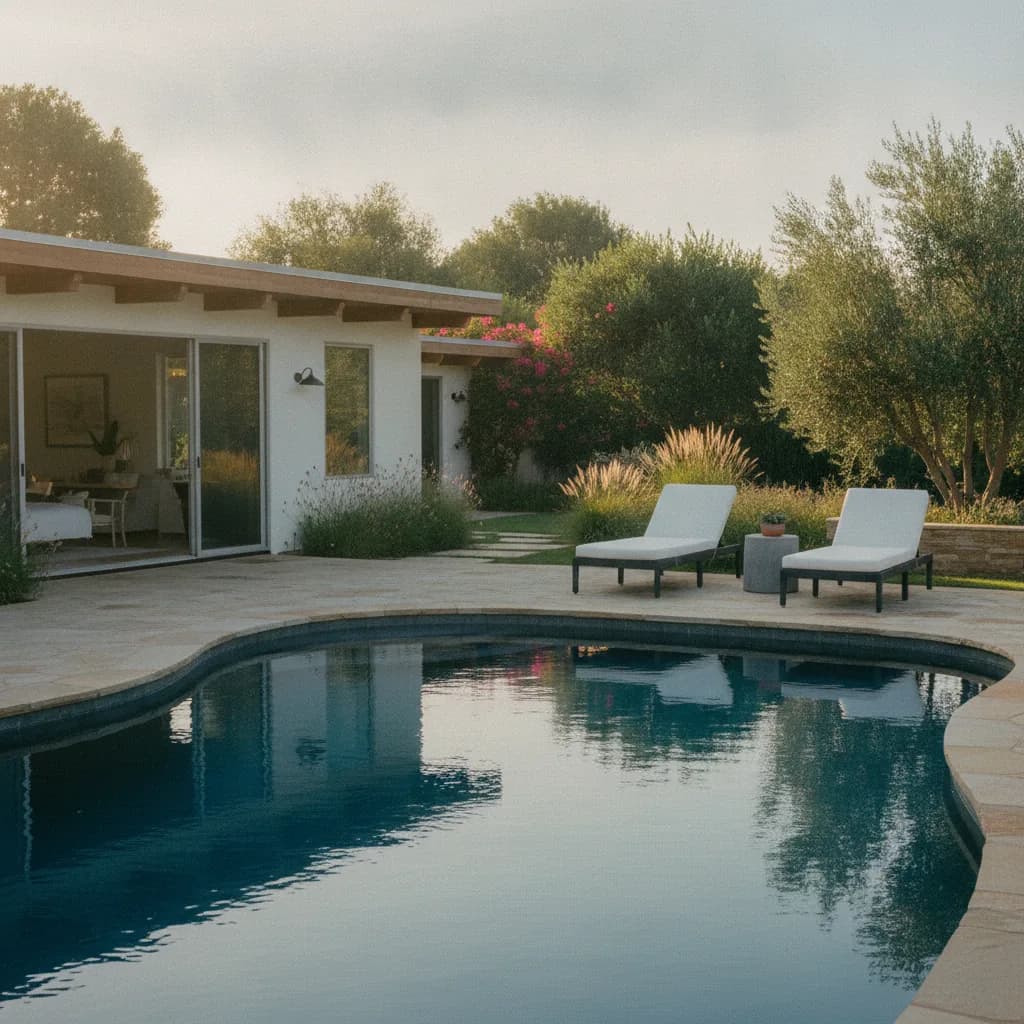 A modern California backyard with a curvilinear inground pool, stone patio, and two white lounge chairs at golden hour. A whi