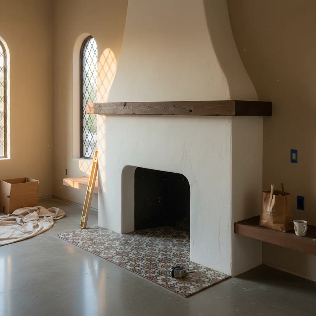 A stunning Mission Revival style outdoor fireplace with a smooth white stucco finish and an arched firebox, set in a professionally landscaped Pasadena backyard at dusk.