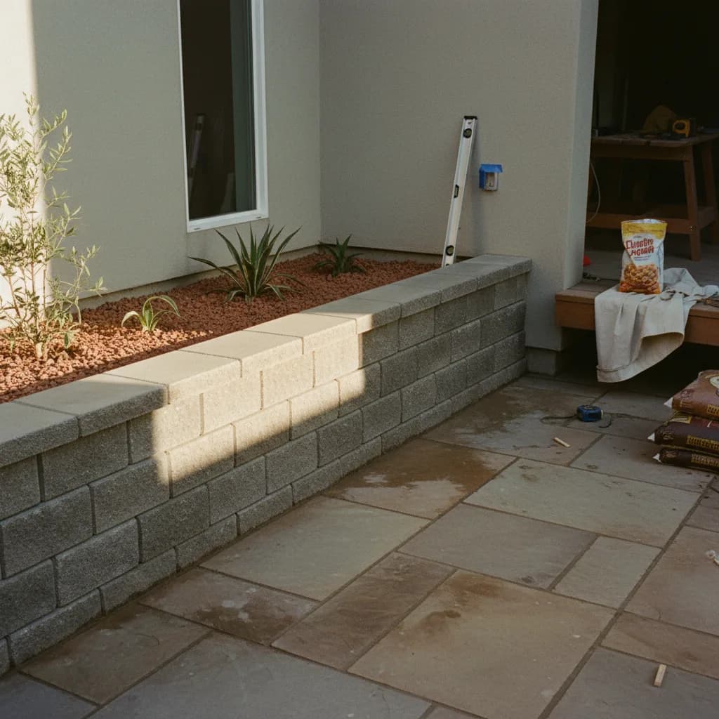 A modern, tiered retaining wall in a San Jose backyard, constructed with smooth-faced concrete blocks and featuring integrated planters with drought-tolerant succulents.