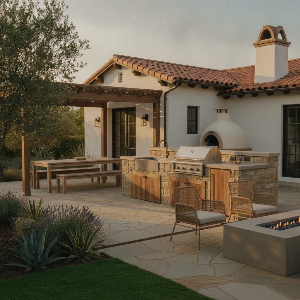 California outdoor living space with stone & wood kitchen, grill, sink, pizza oven, dining area, fire pit, and lush landscapi
