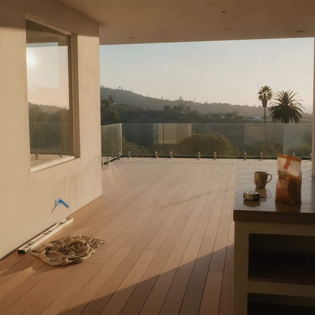 A modern Ipe wood deck on a hillside Beverly Hills home at sunset, featuring glass railings and outdoor lounge furniture.