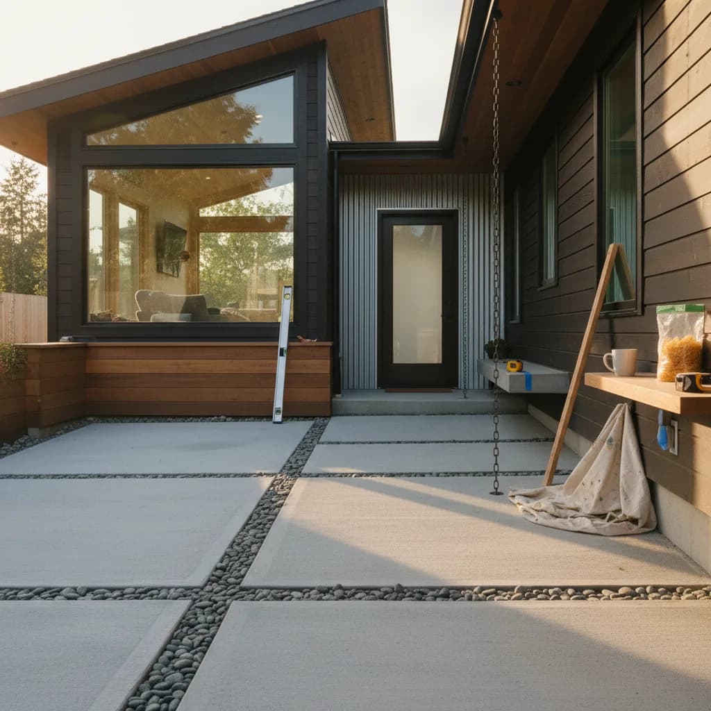 A newly installed permeable paver driveway in a modern Seattle home, with clean lines and surrounding greenery.