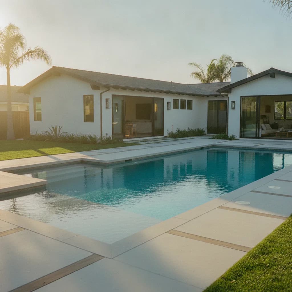 Modern California backyard with a clear blue inground pool, baja shelf, and clean concrete decking, bathed in warm sunlight.