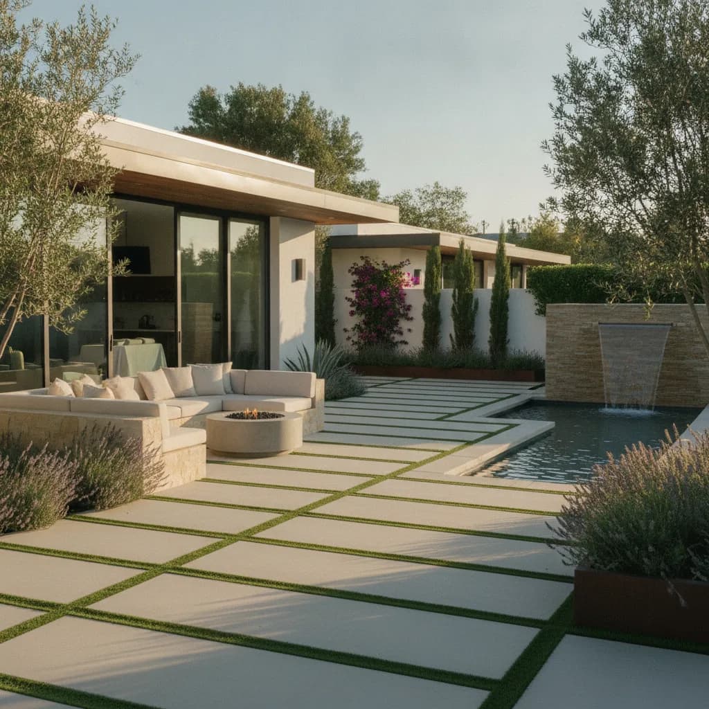 A luxurious California outdoor living space featuring modern hardscaping, a built-in sofa, fire pit, and a serene water featu