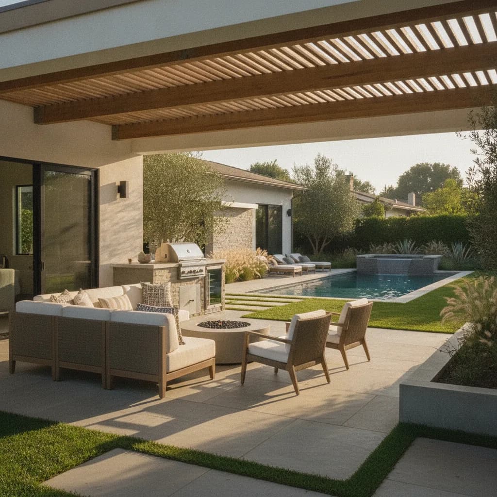 A luxurious California outdoor living area featuring a covered patio, outdoor kitchen, fire pit, pool, and manicured landscap