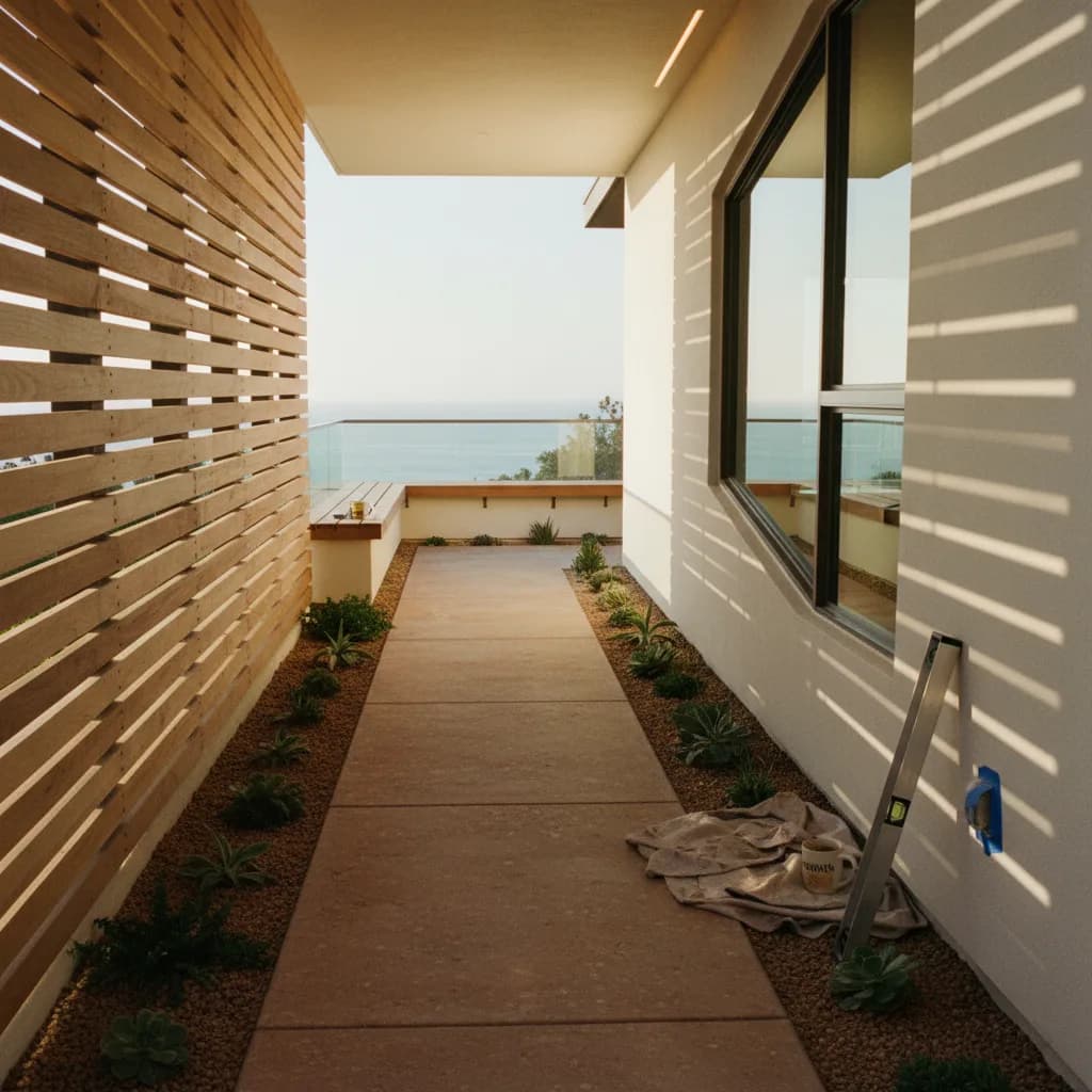 A beautifully crafted interlocking paver walkway with a herringbone pattern leads to the front door of a modern San Diego home, flanked by drought-tolerant landscaping.