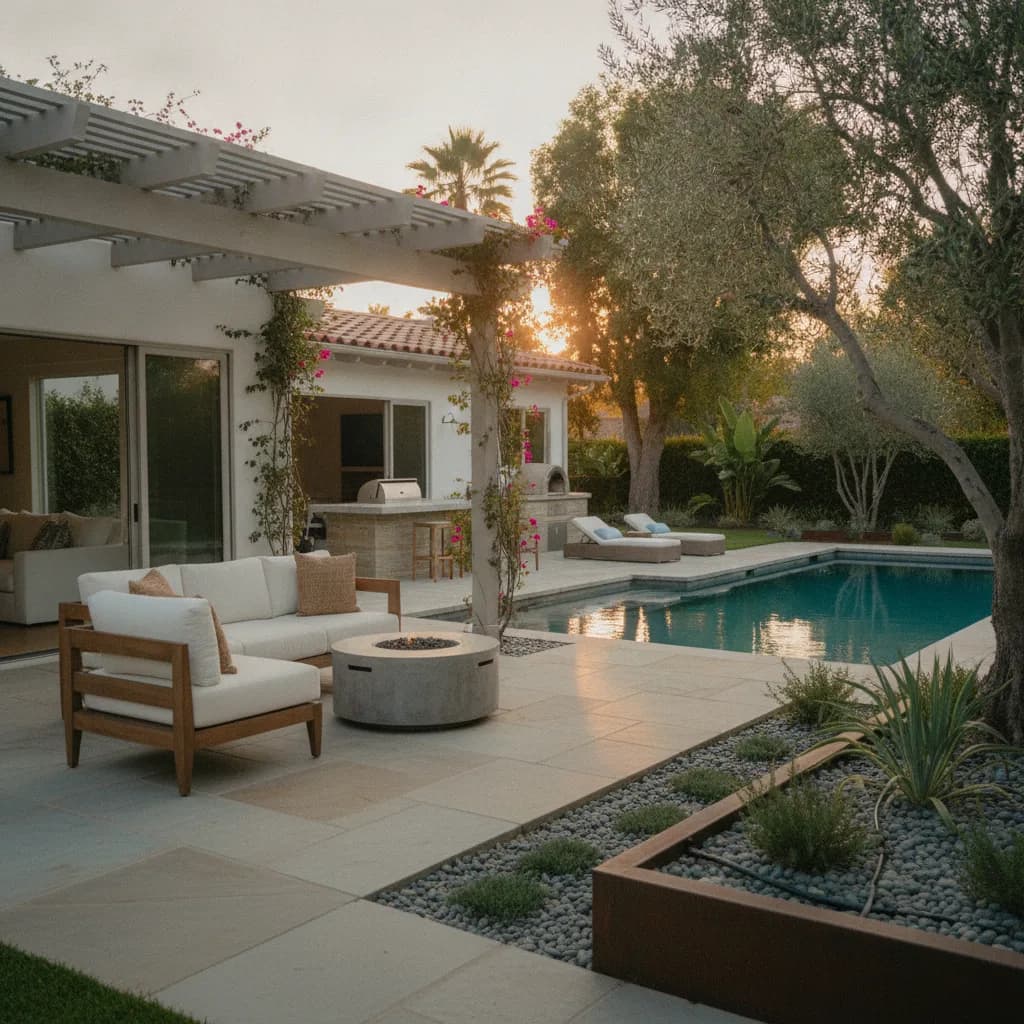 California outdoor living space at sunset: patio, fire pit, pool, outdoor kitchen, and landscaping with olive trees and bouga
