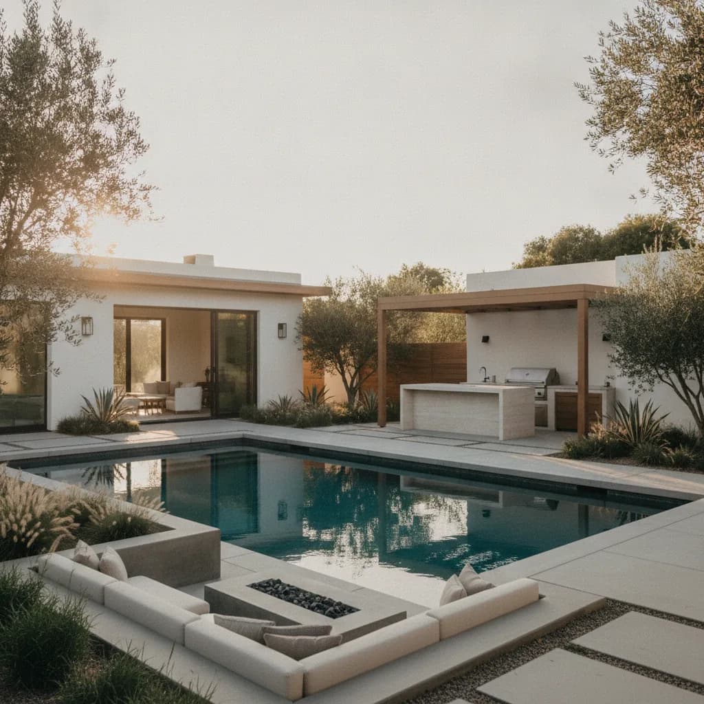 A stunning, magazine-ready California outdoor living area featuring a rectangular pool, built-in lounge with fire pit, and ou