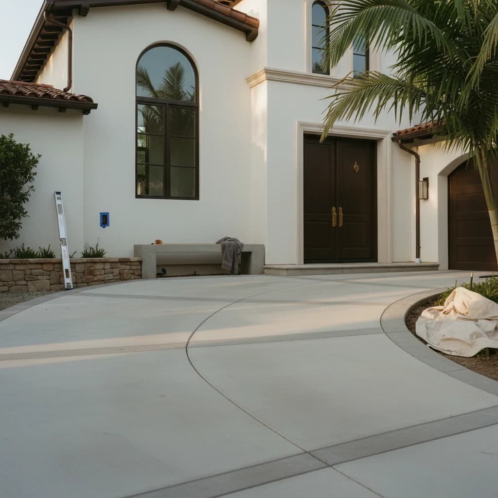 A meticulously installed modern concrete driveway with grass inlays, leading to a luxury home in Beverly Hills at sunset.