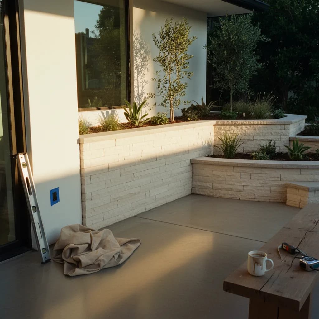 A newly constructed, tiered concrete retaining wall on a steep Beverly Hills slope, with modern landscaping and a view of the city in the background.